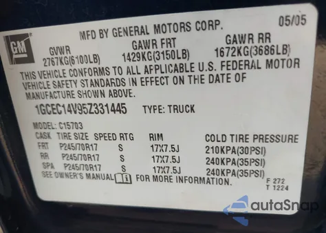 2005 Chevrolet Silverado 1500 Ls z USA, uszkodzony, nr VIN 1GCEC14V95Z331445